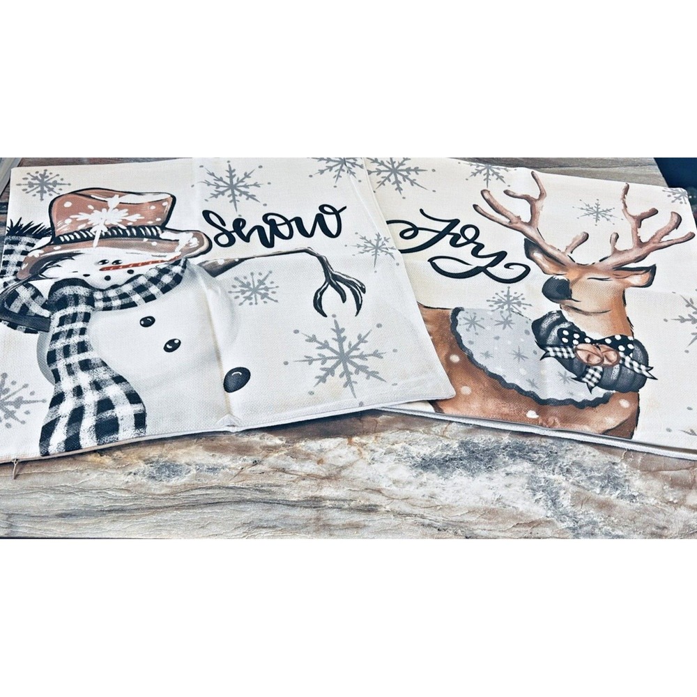 Snowman & Deer Joy & Snow Christmas Pillow Covers‎ 17in x 17in New! Lot of 2